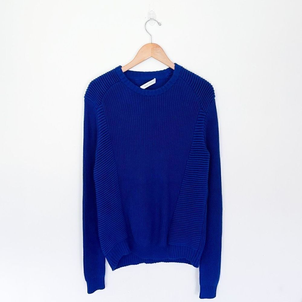Pierre Balmain Women’s Fine Indigo Blue Heavy Weight Cable Knit Crewneck Sweater